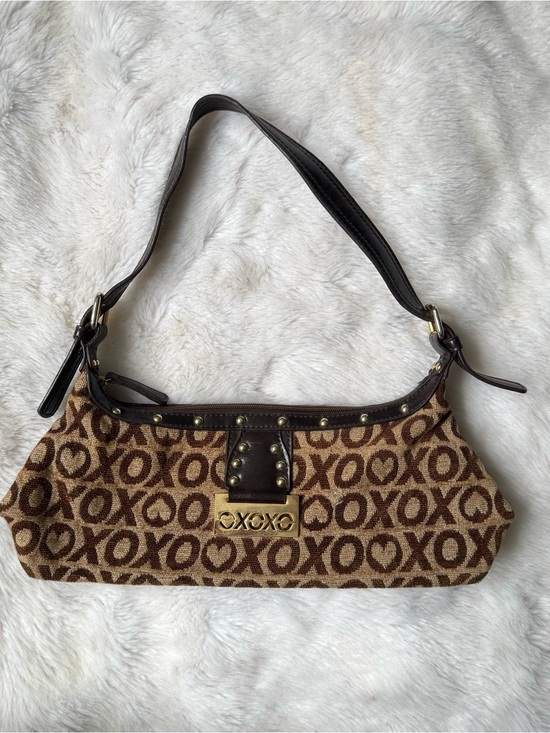 XOXO Handbags - XOXO Brown and Tan Monogram Shoulder Bag with Gold Plate
